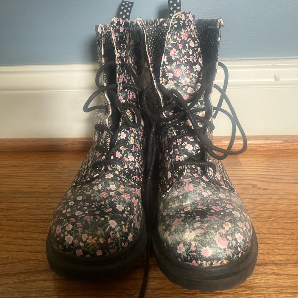 Black and Pink Floral Combat Boots with Chunky Sole